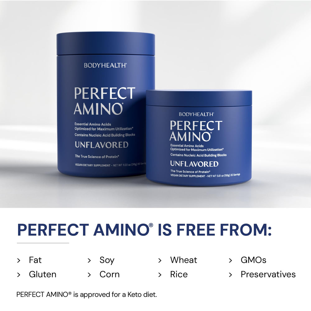 BodyHealth PerfectAmino label closeup emphasizing vegan plant-based amino acids