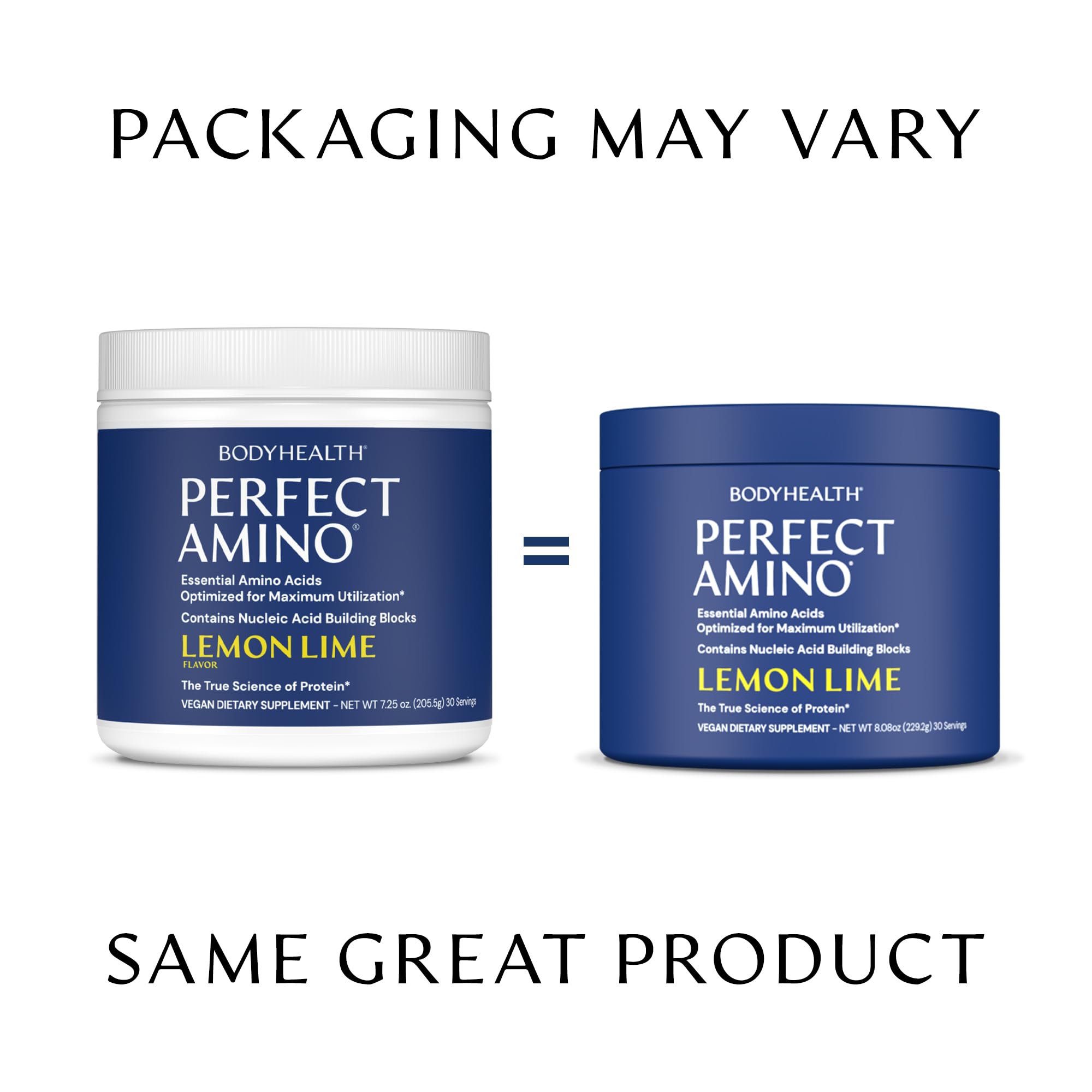 BodyHealth PerfectAmino label close-up emphasizing quality and cGMP production.