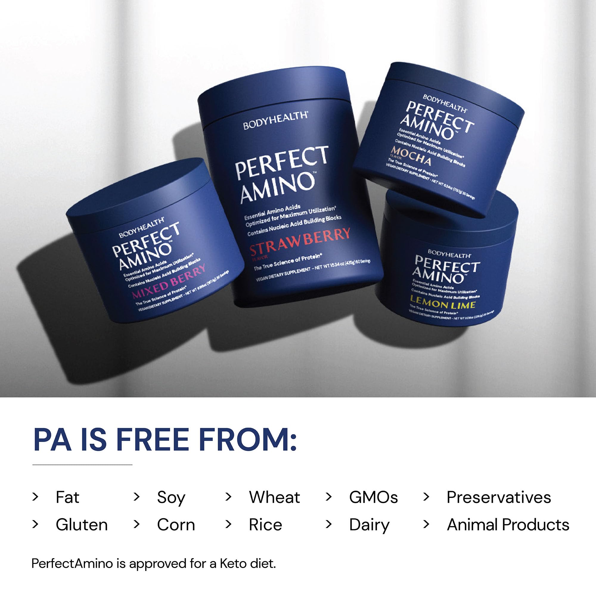 BodyHealth PerfectAmino Powder keto-friendly-formula supports sugar-free fueling.