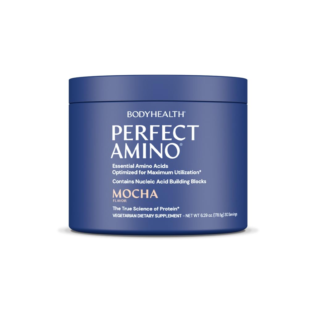 BodyHealth PerfectAmino Mocha powder pour for pre-workout energy and focus.