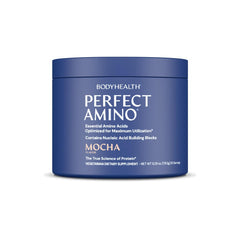 BodyHealth PerfectAmino Mocha powder pour for pre-workout energy and focus.