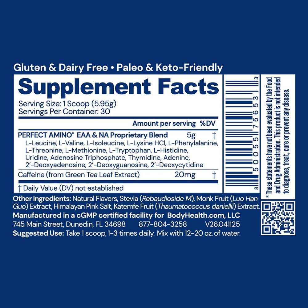 BodyHealth PerfectAmino Mocha powder tub highlights a balanced amino blend for recovery.