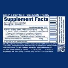 BodyHealth PerfectAmino Mocha powder tub highlights a balanced amino blend for recovery.