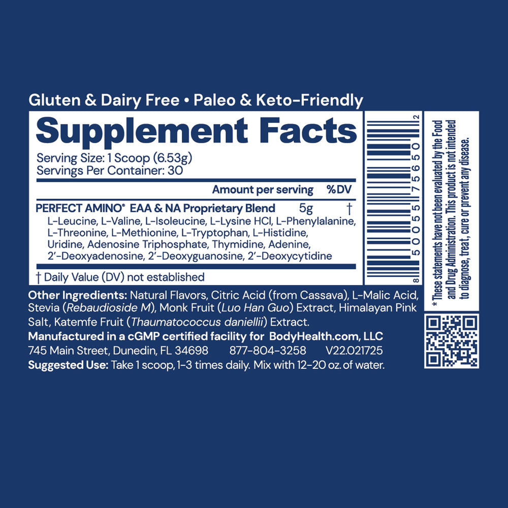 BodyHealth PerfectAmino Powder serving-spoon image highlights convenient daily dosing for training days.