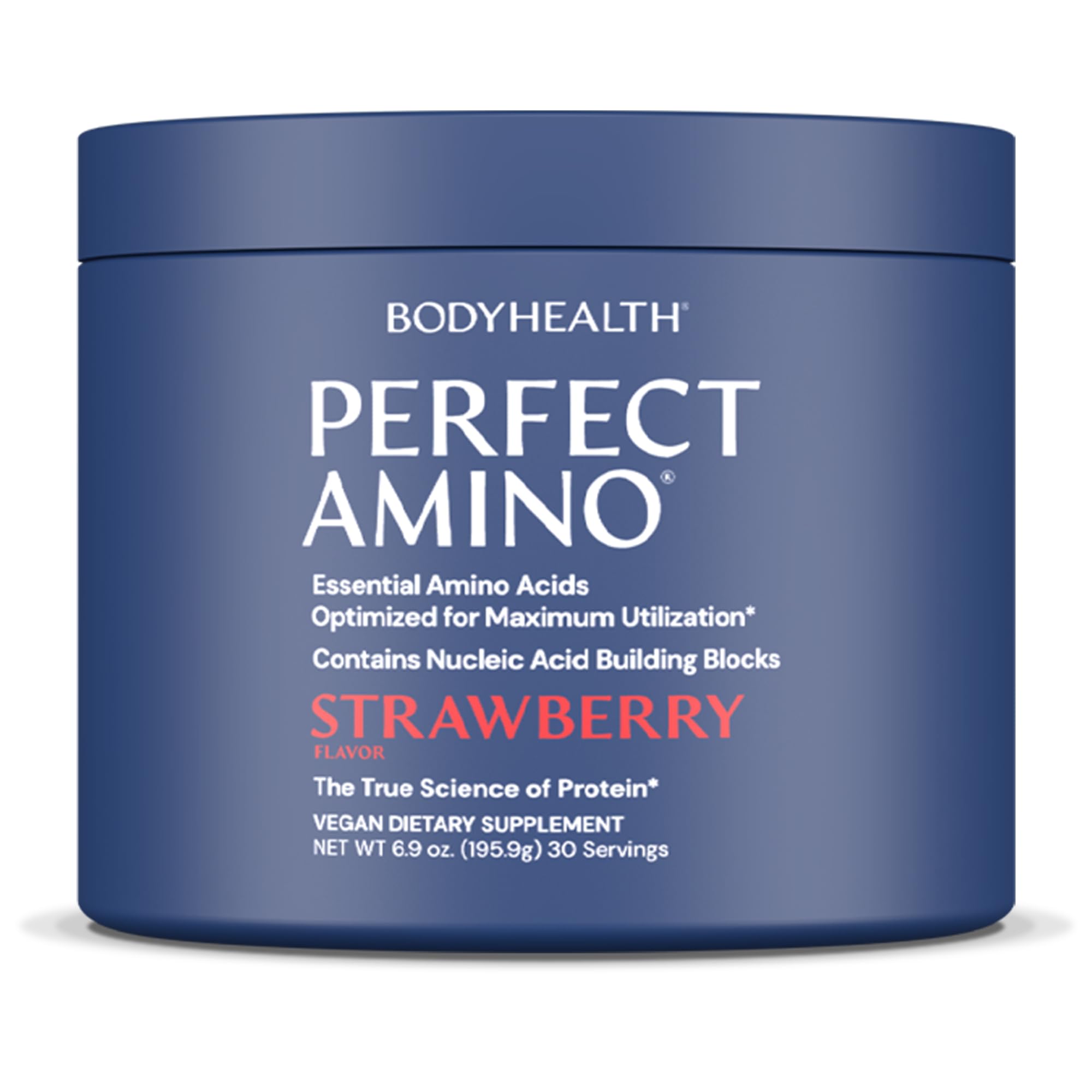 BodyHealth PerfectAmino Powder strawberry tub for post-workout recovery and lean-muscle support.