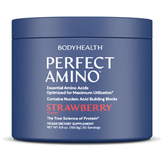 BodyHealth PerfectAmino Powder strawberry tub for post-workout recovery and lean-muscle support.