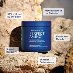 BodyHealth PerfectAmino pre-workout mixer scene emphasizing lean muscle support