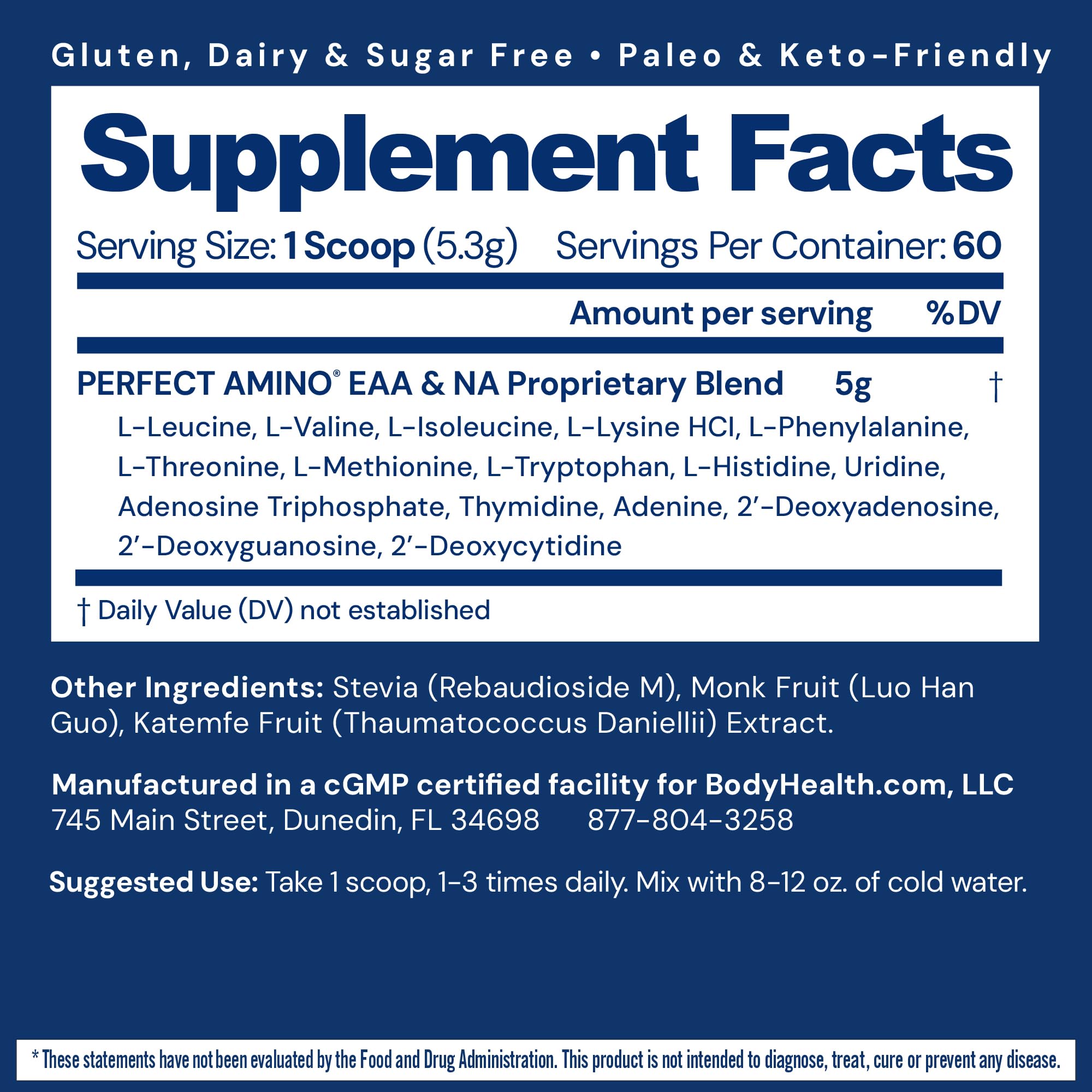 BodyHealth PerfectAmino scoop showing precise dosing for energy and lean muscle support