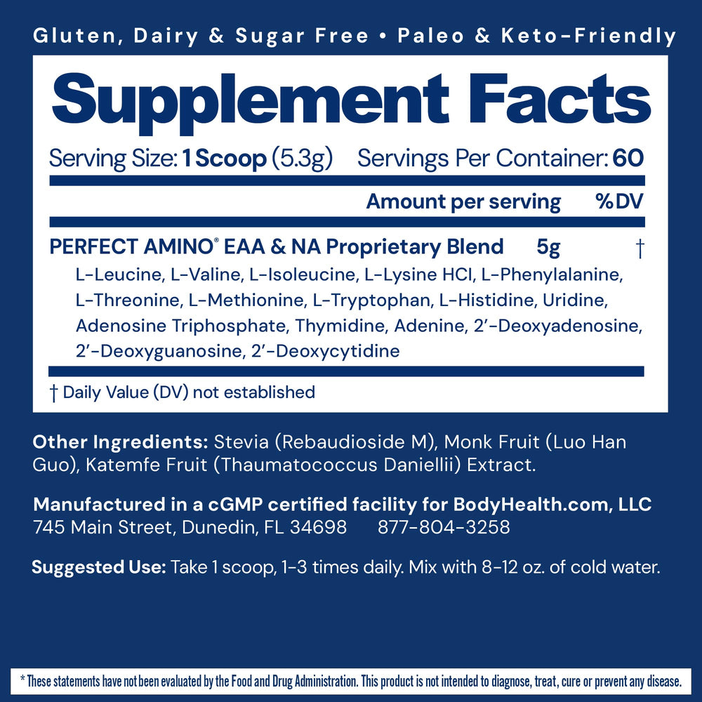 BodyHealth PerfectAmino scoop showing precise dosing for energy and lean muscle support