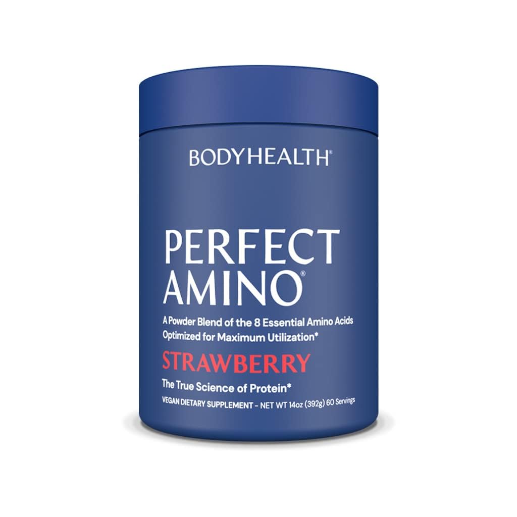 BodyHealth PerfectAmino Strawberry bottle ready for pre or post workout energy.