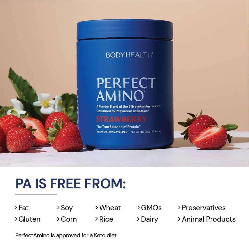 BodyHealth PerfectAmino Strawberry label highlights vegan, sugar free formula.