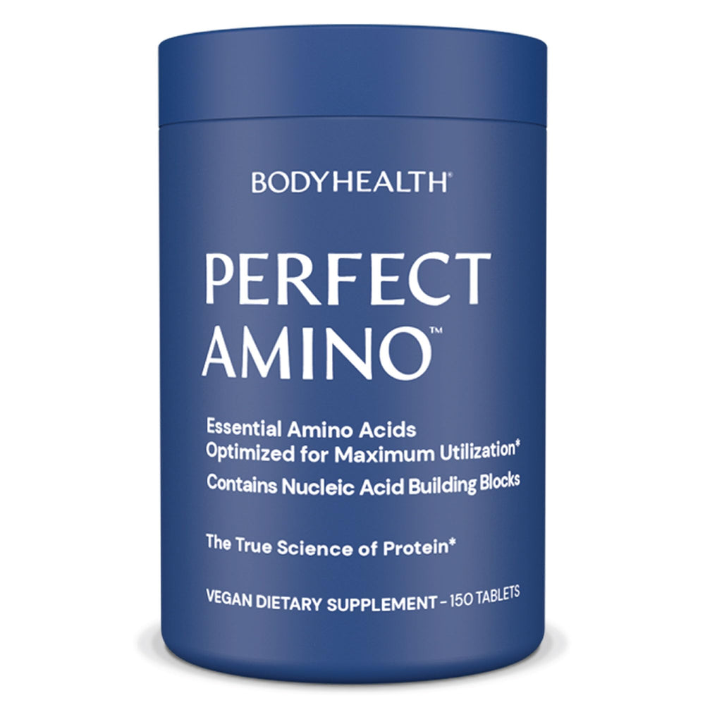 BodyHealth PerfectAmino tablets bottle shown for daily recovery and lean muscle support.