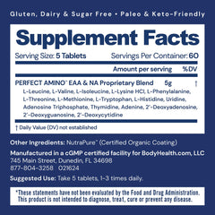 Close-up of BodyHealth PerfectAmino tablets with vegan coating for easy swallowing.