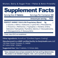BodyHealth PerfectAmino tablets closeup, highlighting easy-swallow vegan coating for comfortable daily use.