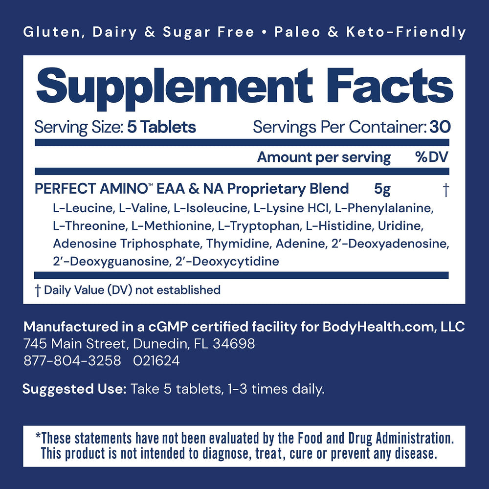 BodyHealth PerfectAmino tablets being poured for post-workout recovery and quick nutrition.