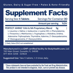 BodyHealth PerfectAmino tablets being poured for post-workout recovery and quick nutrition.