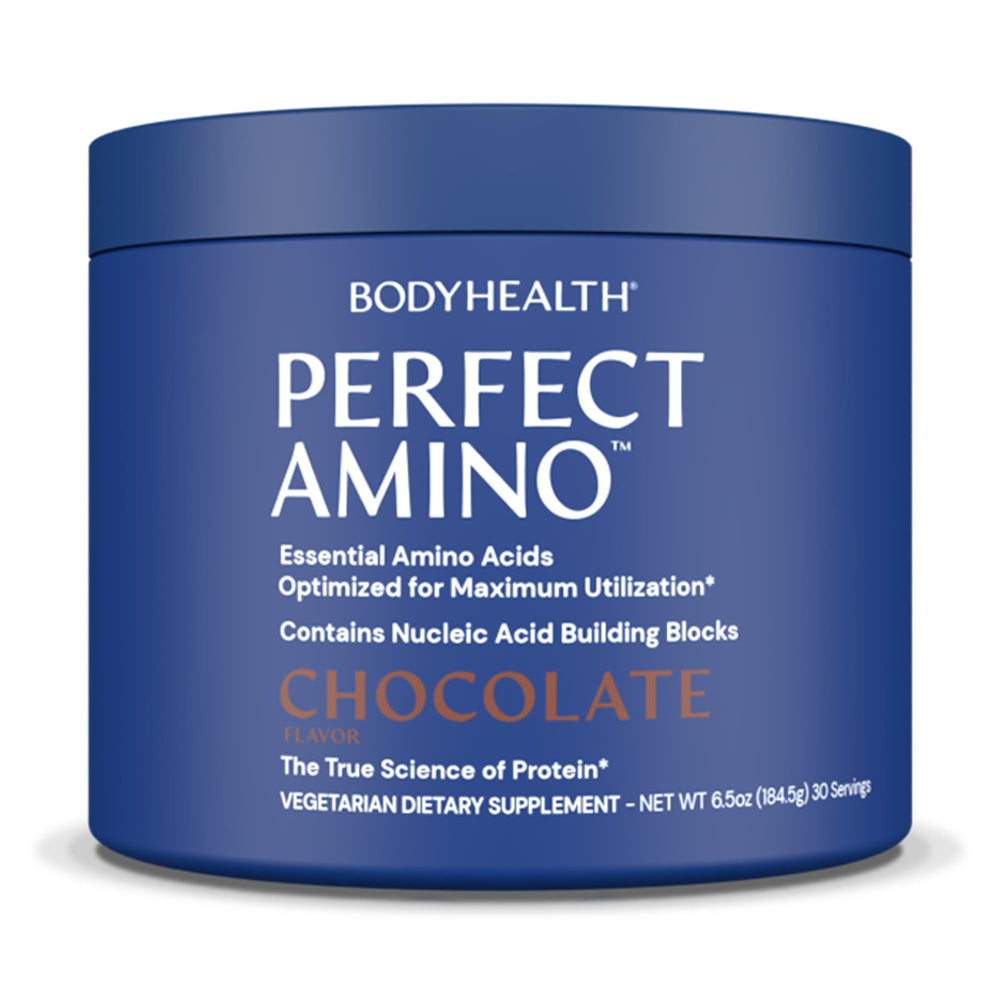 BodyHealth PerfectAmino powder tub closeup highlighting vegan EAAs for fast recovery