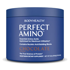 BodyHealth PerfectAmino powder tub closeup highlighting vegan EAAs for fast recovery