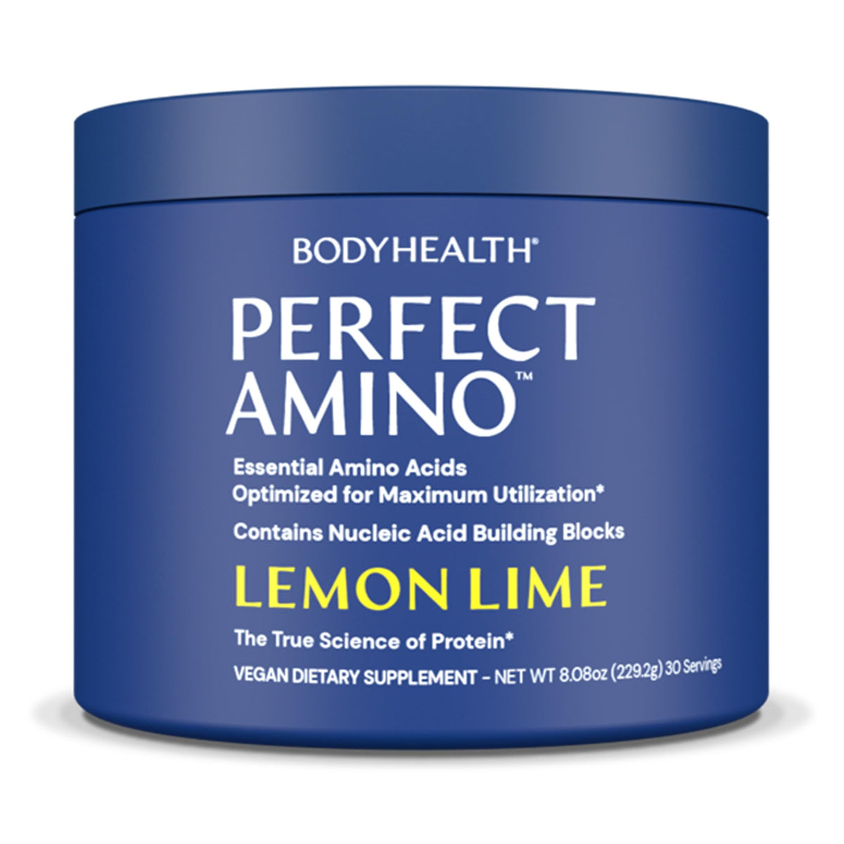 BodyHealth PerfectAmino tub front view with lemon-lime label for pre-workout use.