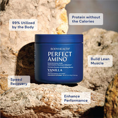 BodyHealth PerfectAmino vanilla scoop dissolving in water for lean muscle support.