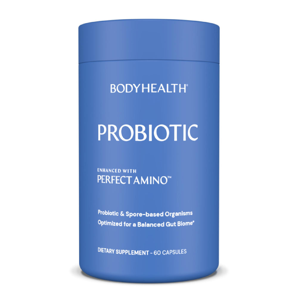 BodyHealth probiotic bottle with PerfectAmino supporting balanced digestion.