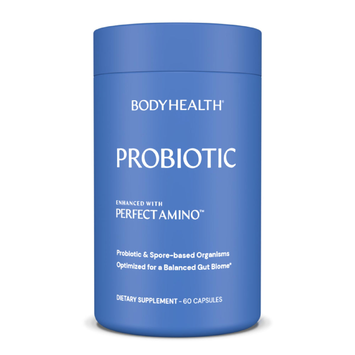 BodyHealth probiotic bottle with PerfectAmino supporting balanced digestion.