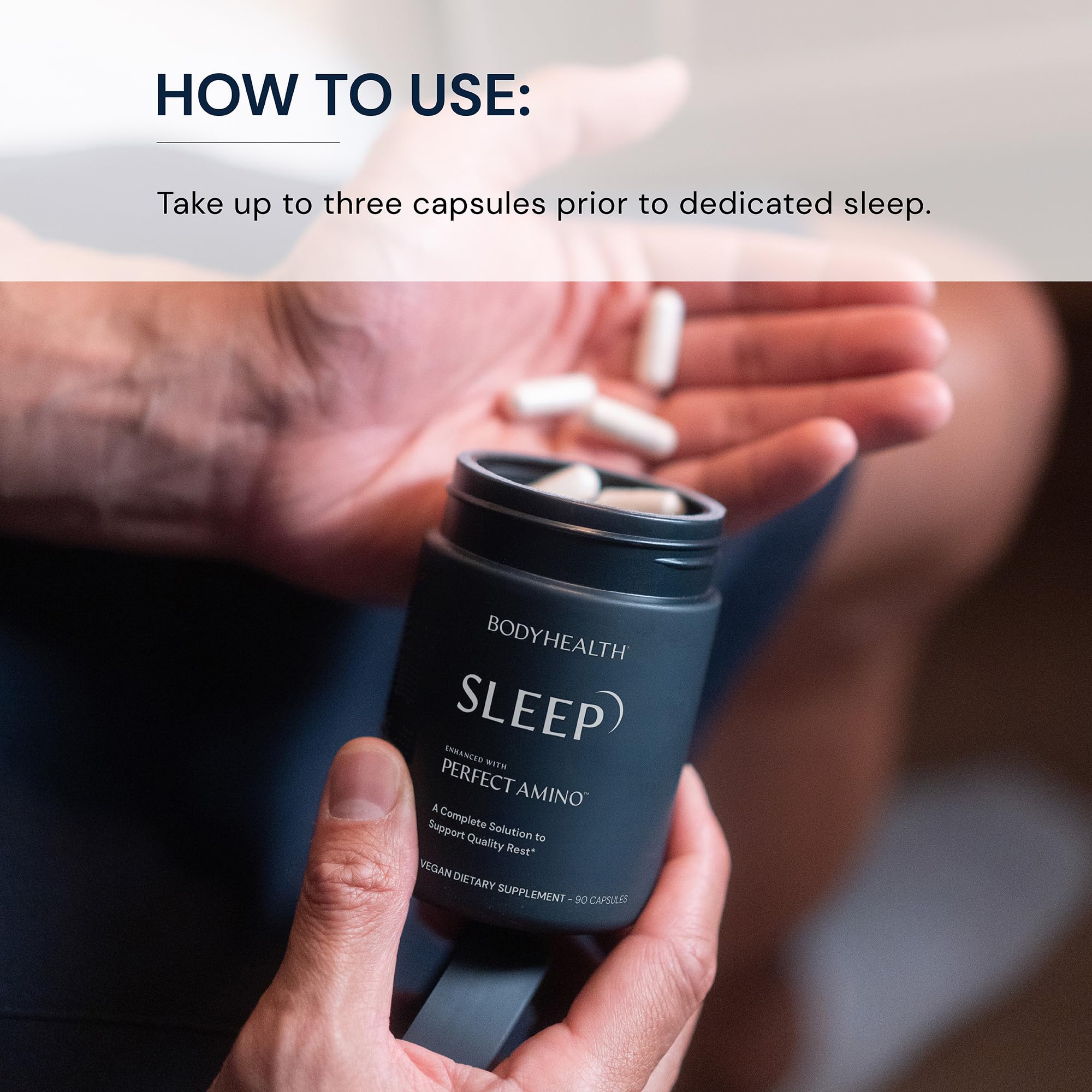 BodyHealth Sleep bottle with glass illustrating calm evening routines.