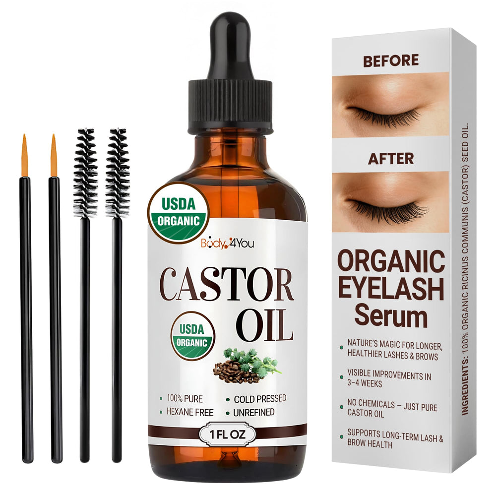 BodyJ4You castor oil bottle in amber glass preserves freshness for lash and brow care