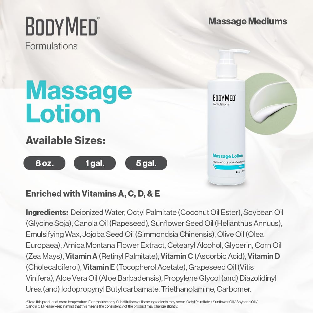BodyMed Jojoba oil massage lotion provides nourishing skin feel with light glide.