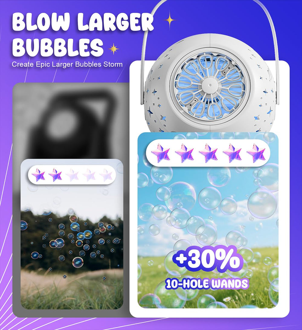 Boerfmo Bubble Machine with LED lights creates a colorful night-time ambiance.