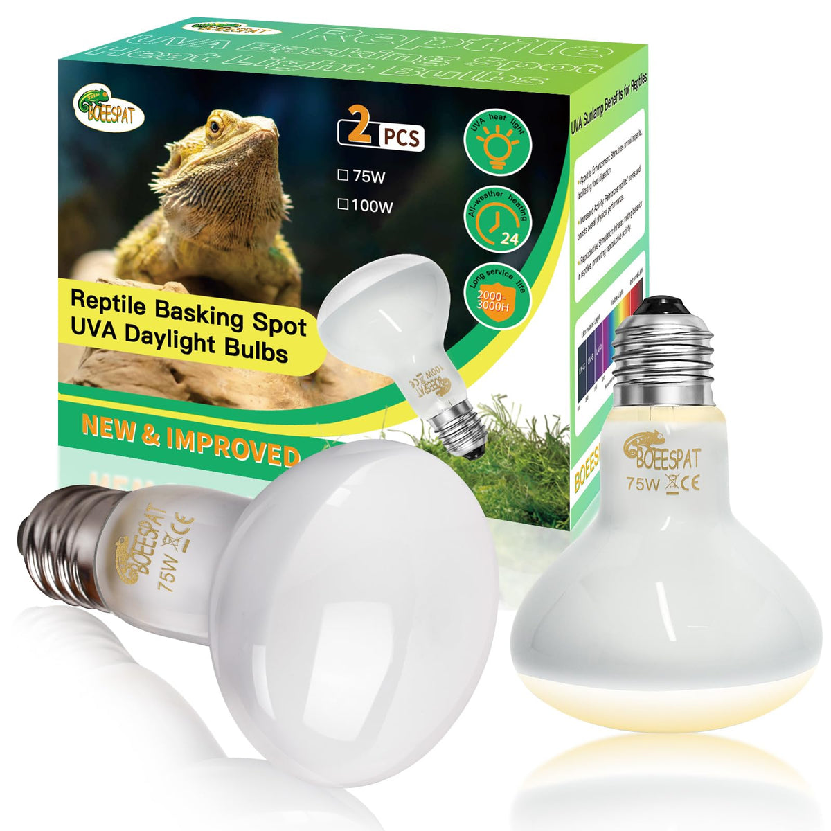 BOEESPAT pack-2 reptile basking bulbs provide heat and UVA light for basking.