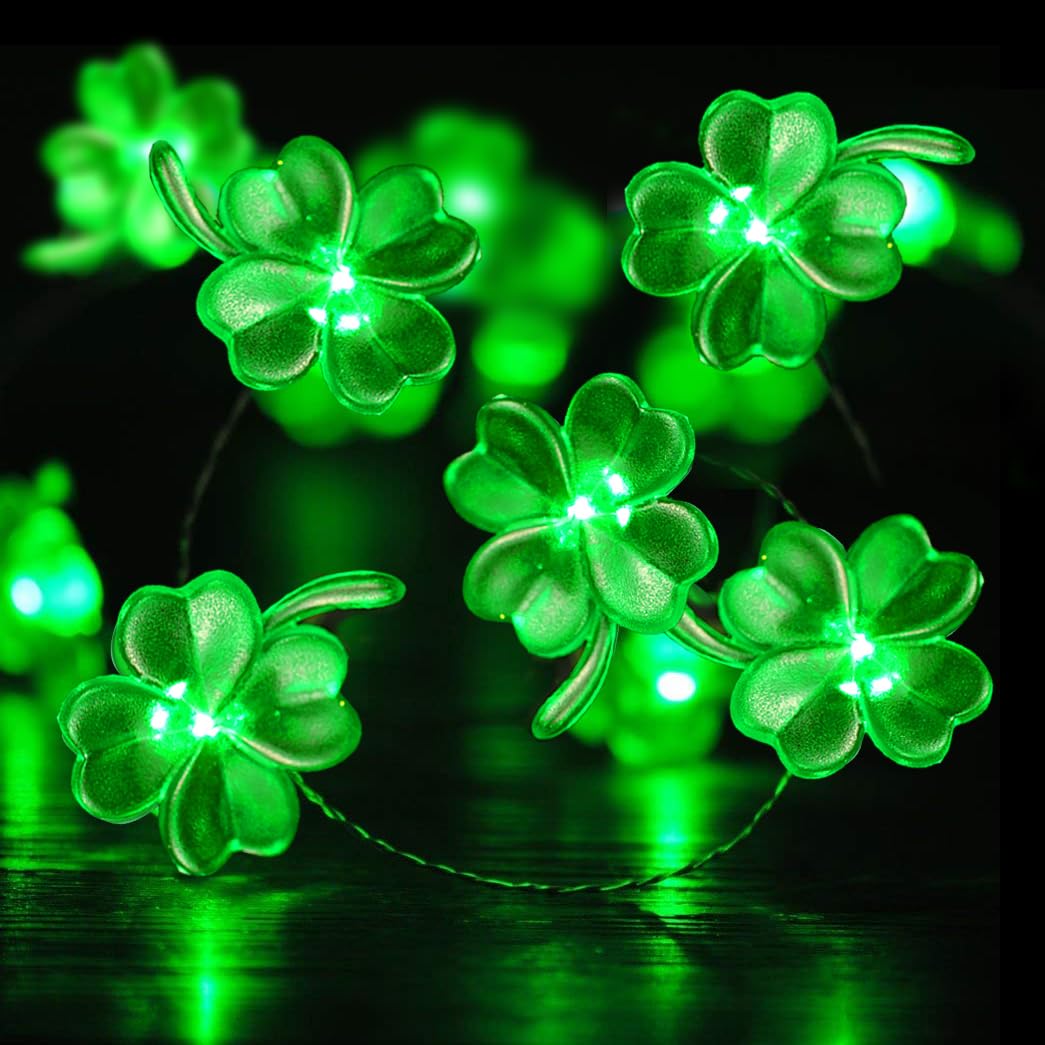 BOHON St Patrick's shamrocks string lights brighten mantels with festive green glow