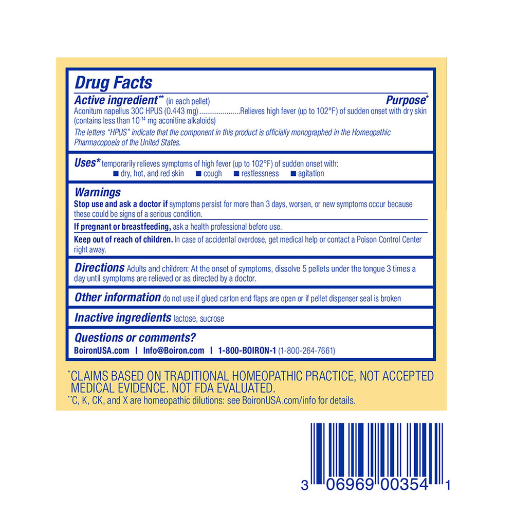 No NSAIDs in Boiron Aconitum 30C pellets; gentle fever support option.