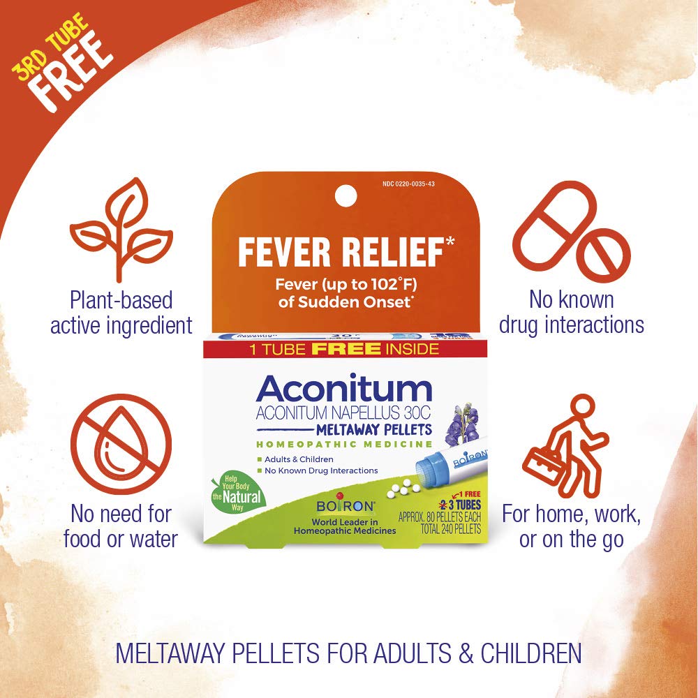 Boiron Aconitum Napellus 30C packaging showing OTC, no artificial colors or flavors.