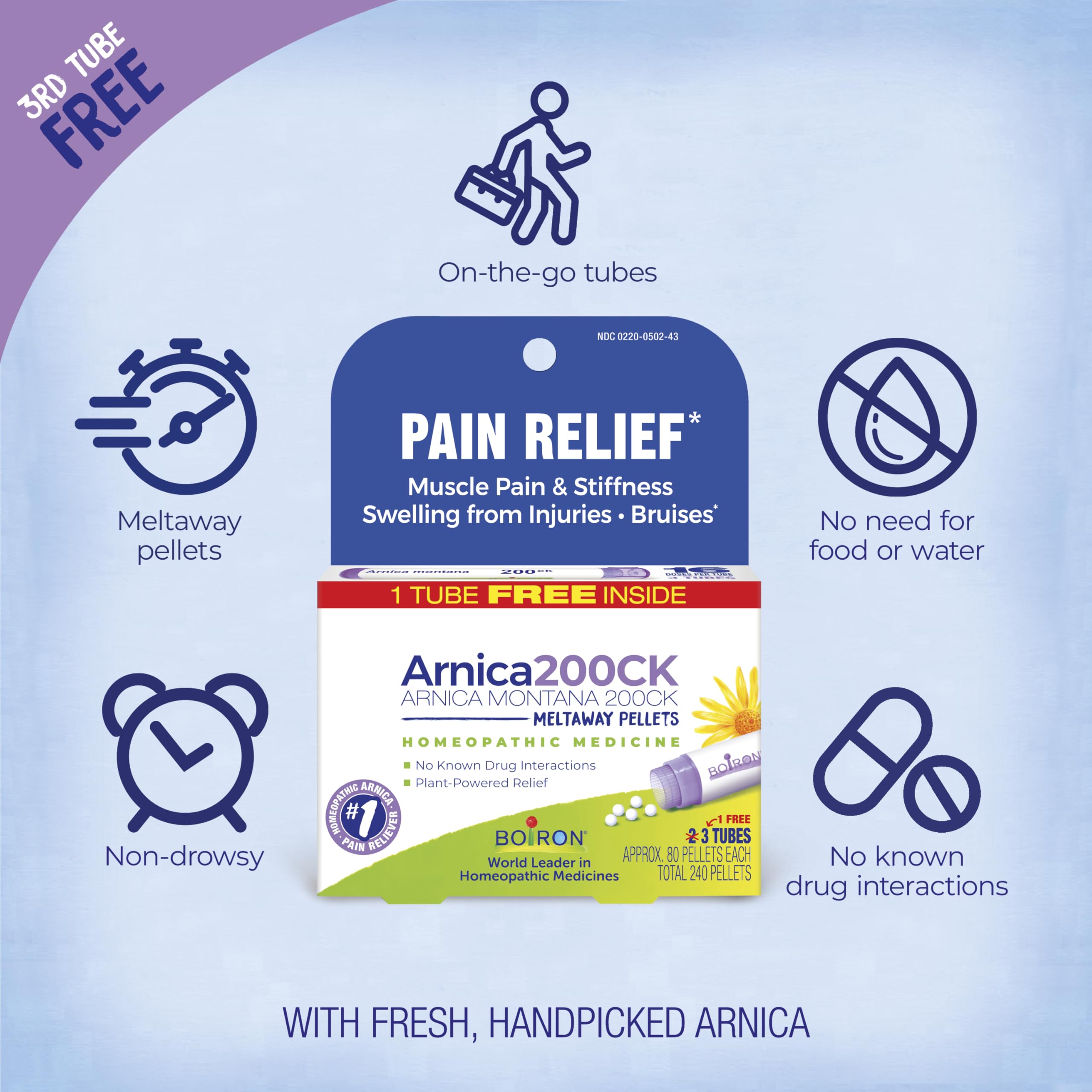 Bottle of Boiron Arnica Montana 200CK highlighting non-drowsy, NSAID-free support.