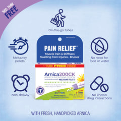 Bottle of Boiron Arnica Montana 200CK highlighting non-drowsy, NSAID-free support.