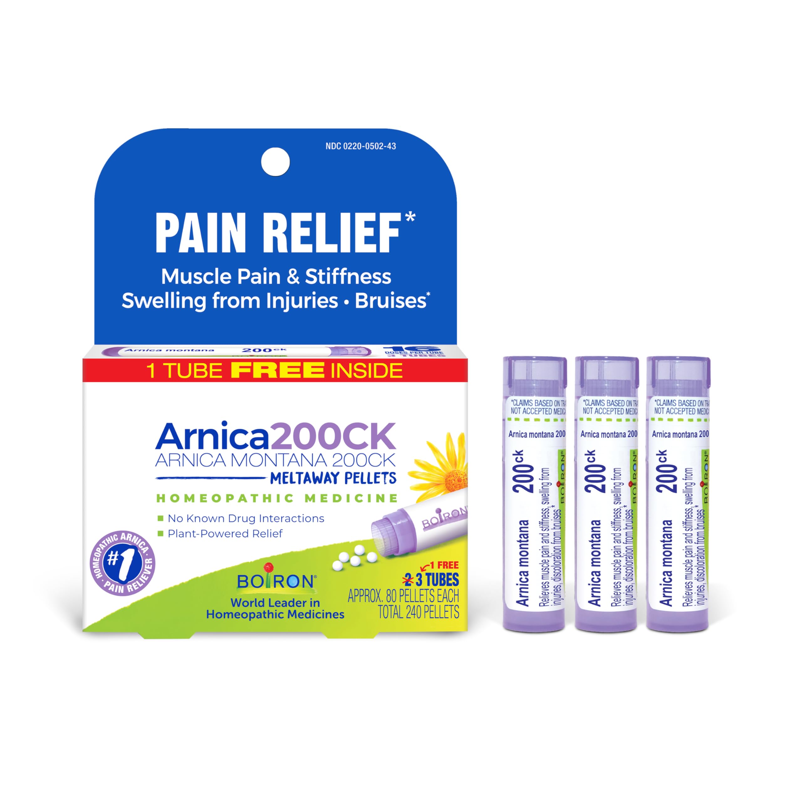 Boiron Arnica Montana 200CK pellets pack, portable and easy to use for minor pain relief.