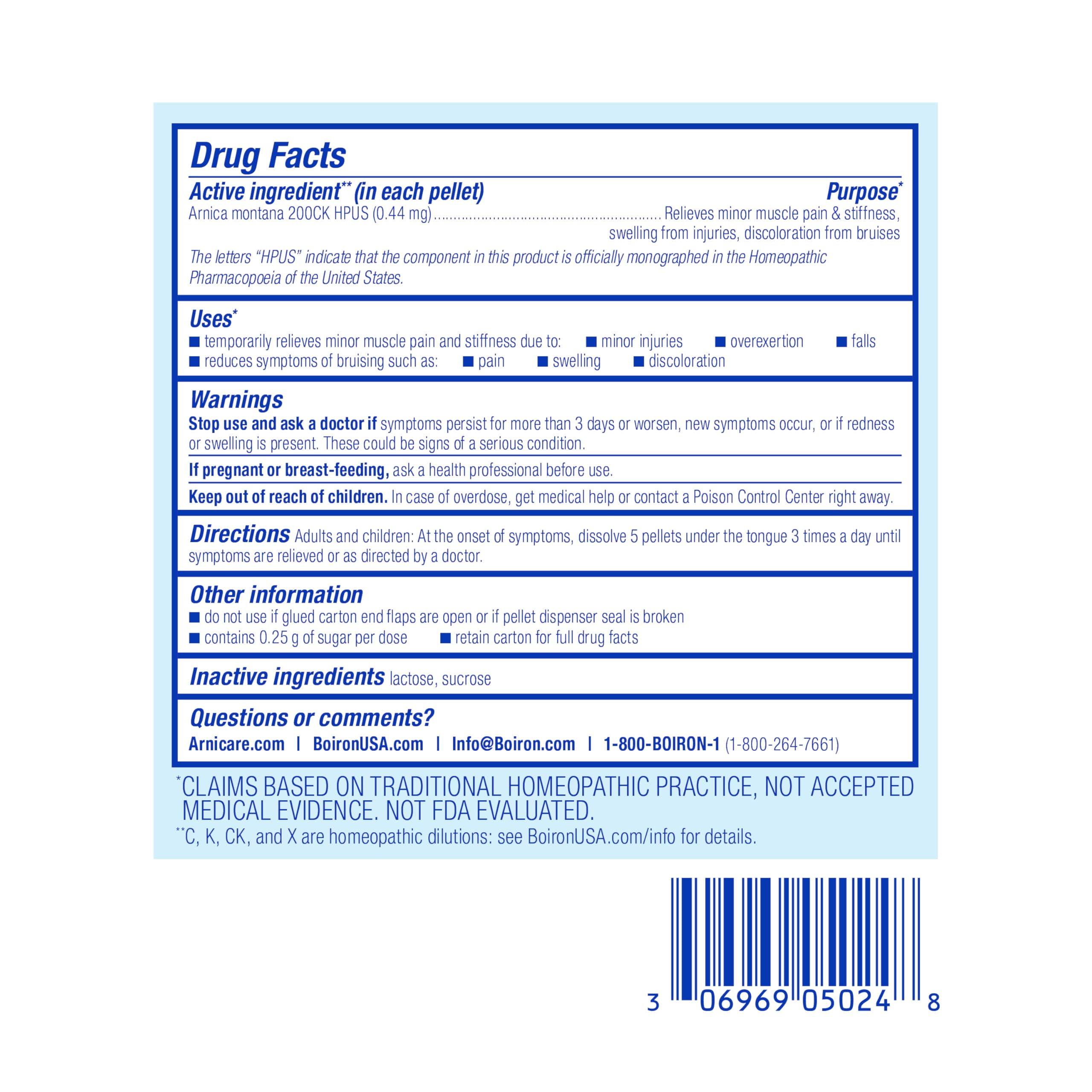 Packaging for Boiron Arnica Montana 200CK emphasizing purity and ingredients.