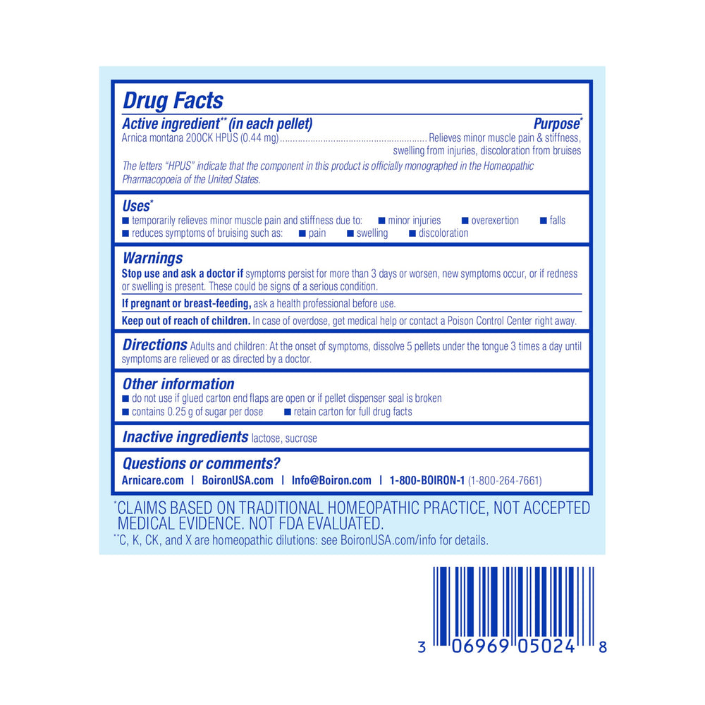 Packaging for Boiron Arnica Montana 200CK emphasizing purity and ingredients.
