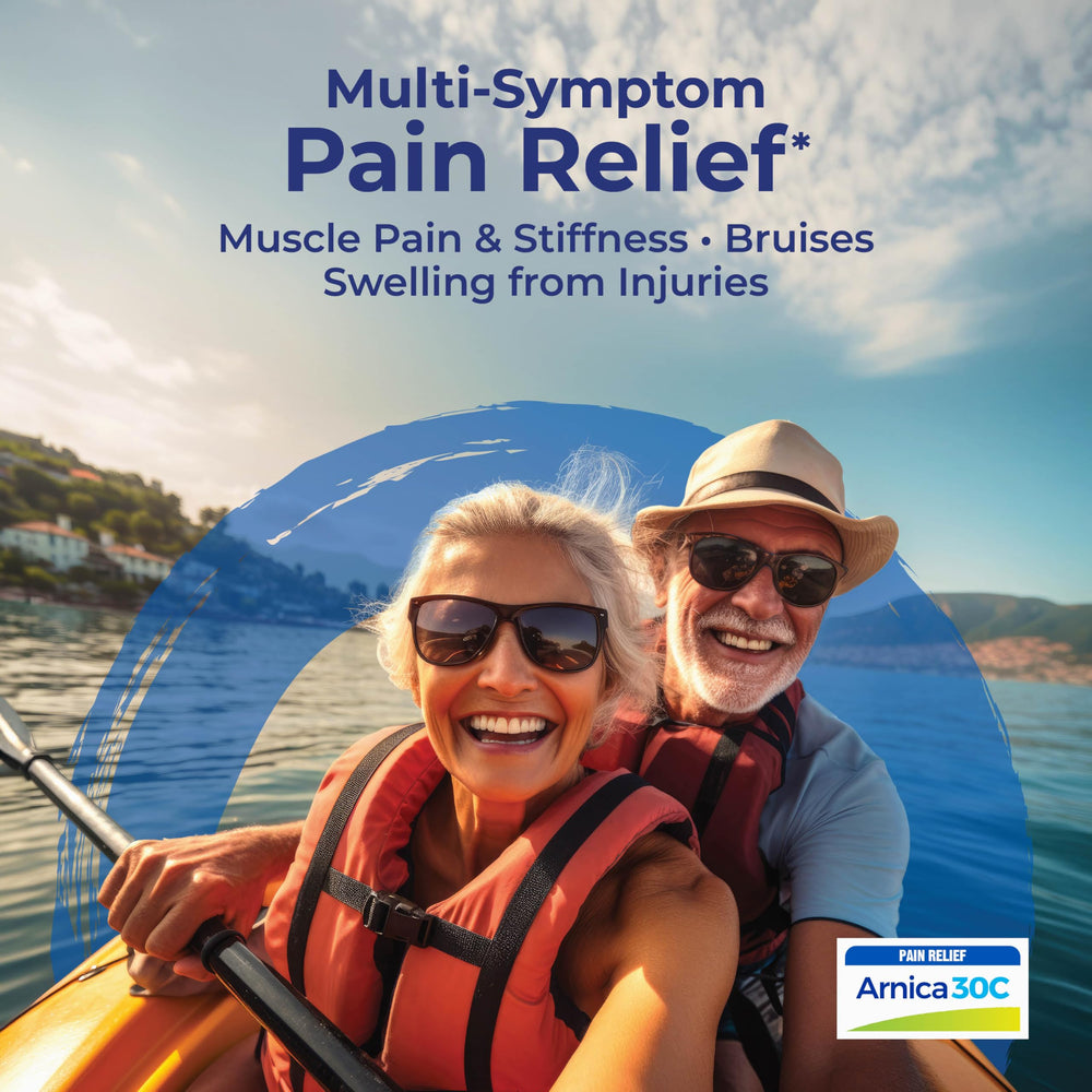 Arnica Montana 3C pellets melt under tongue for quick soreness relief.