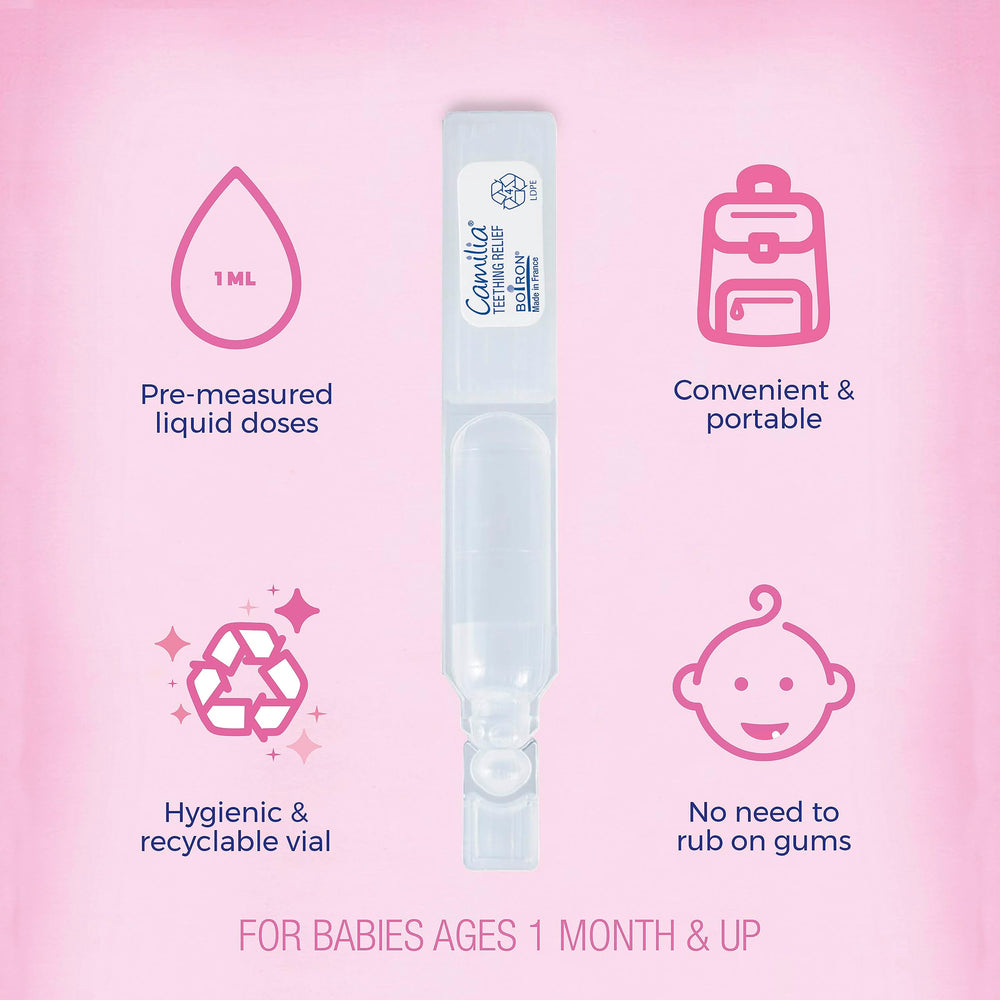 Boiron Camilia clear tasteless liquid for teething comfort.