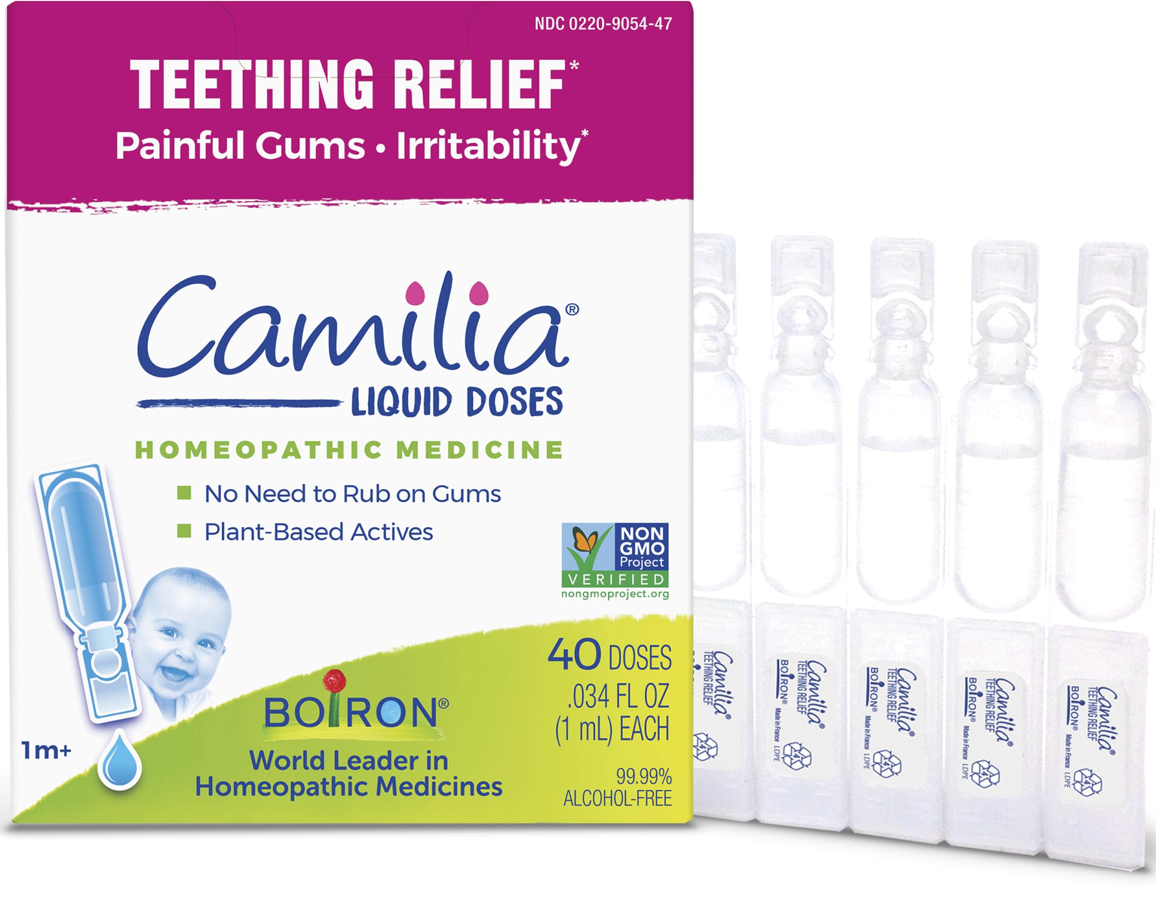 Boiron Camilia teething drops bottle with pre-measured doses ready.