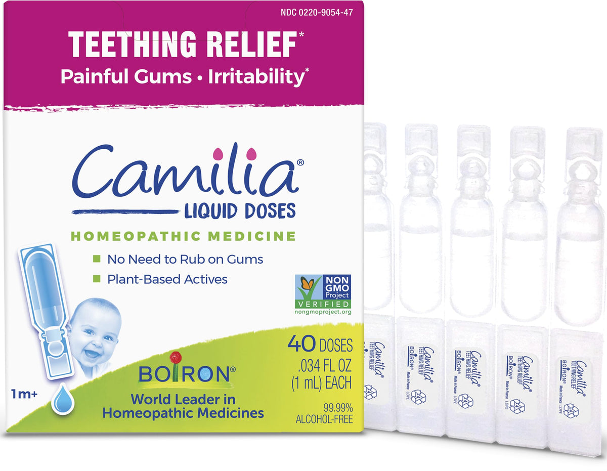 Boiron Camilia teething drops bottle with pre-measured doses ready.