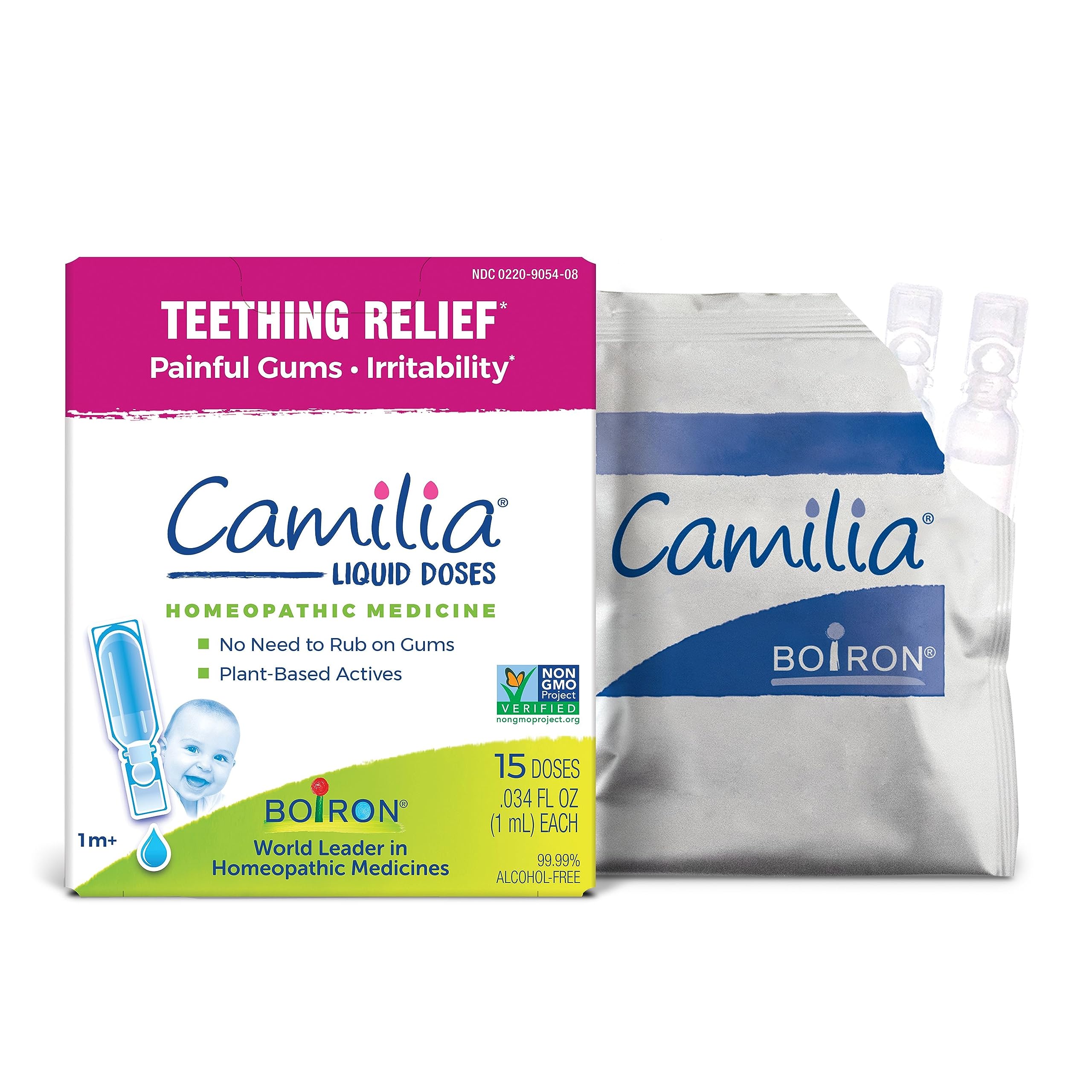 Boiron Camilia teething drops box and bottle for gentle daytime relief.