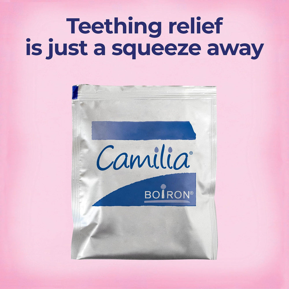 Boiron Camilia teething drops: chamomile-based soothing for teething.