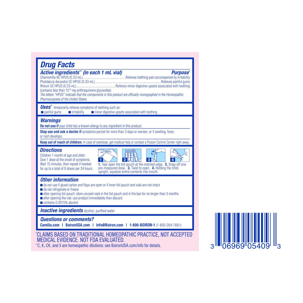 Boiron Camilia teething drops: preservative-free plant actives.