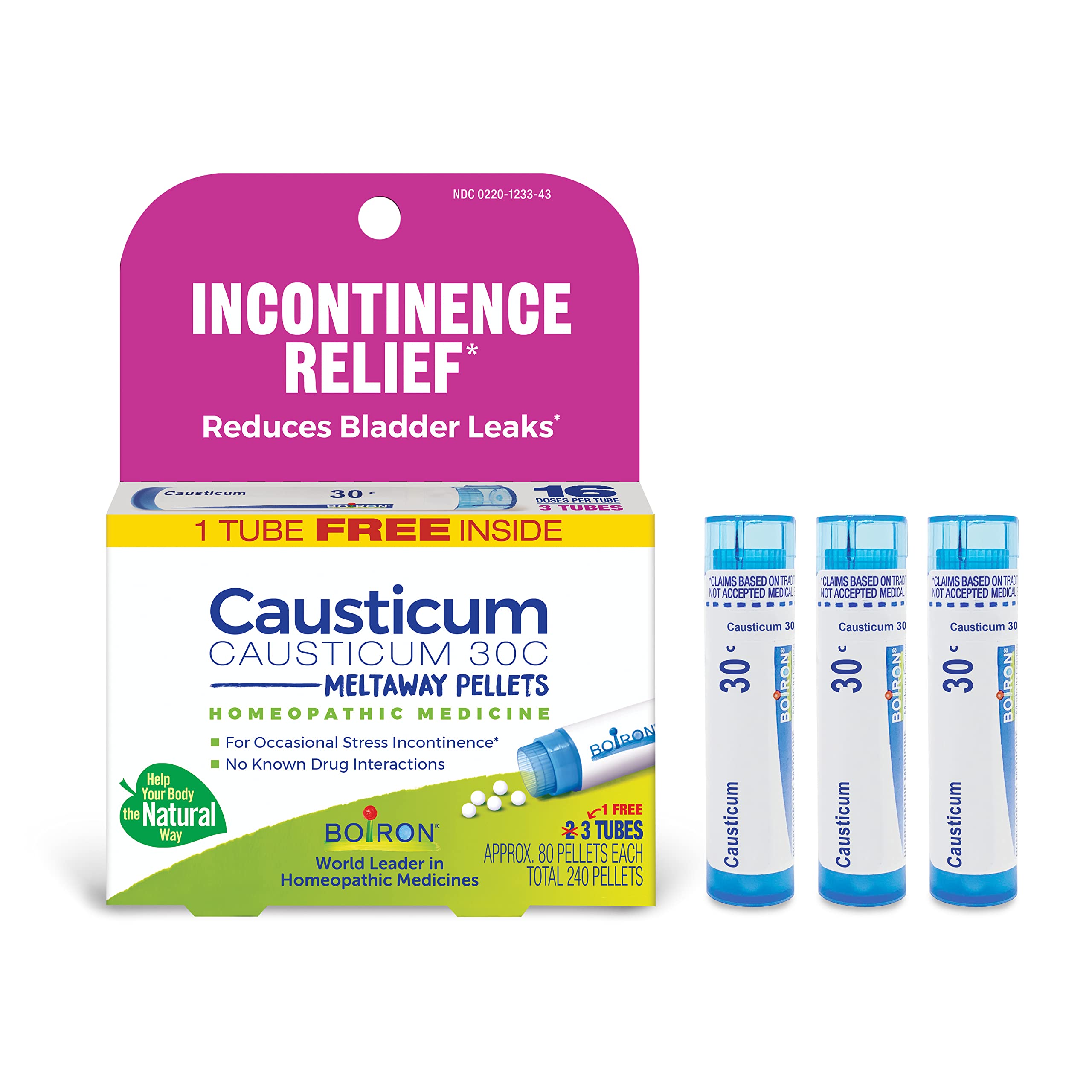 Boiron Causticum 30C pellets in a tube for discreet on-the-go relief
