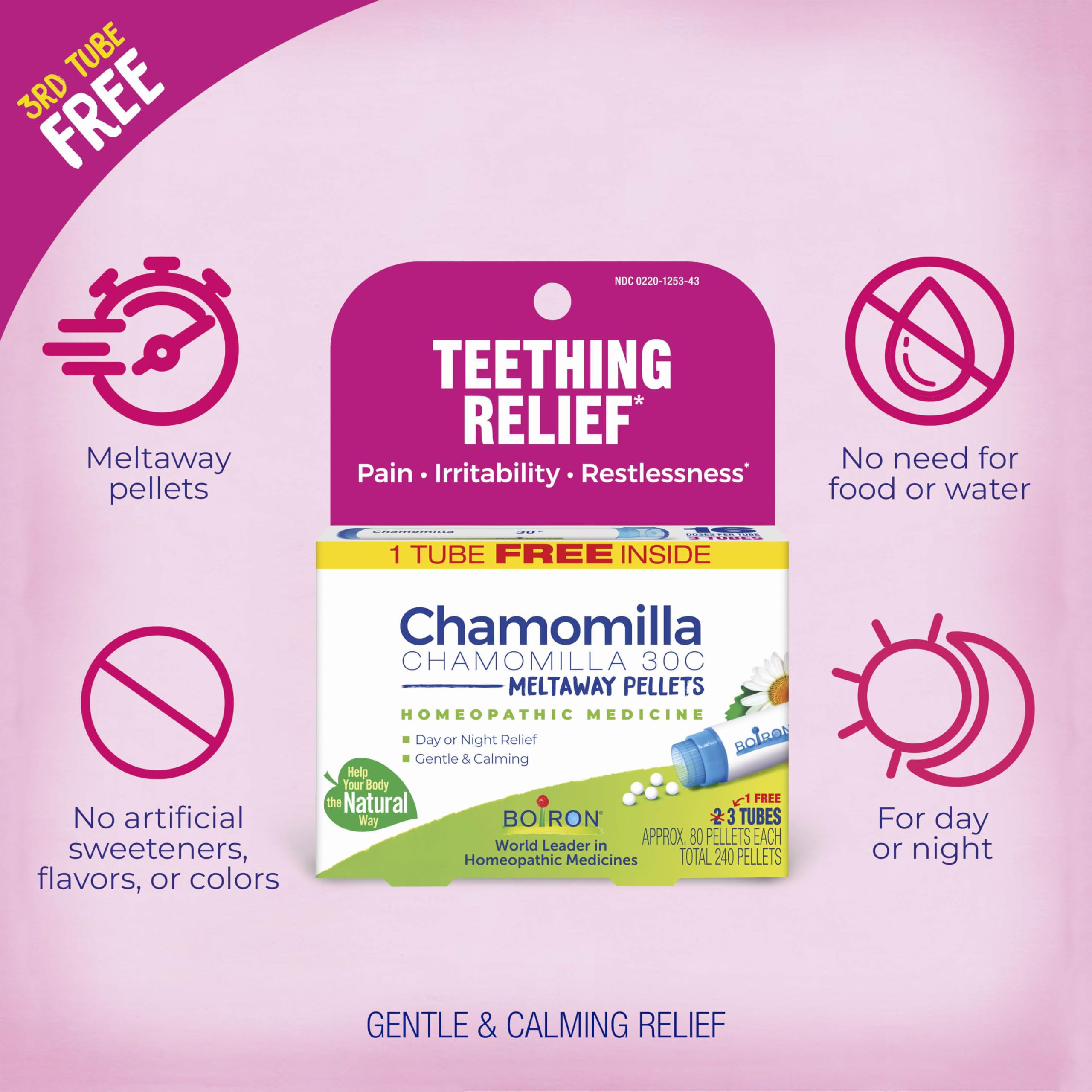 Chamomilla 30C pellets calming irritability during teething moments.