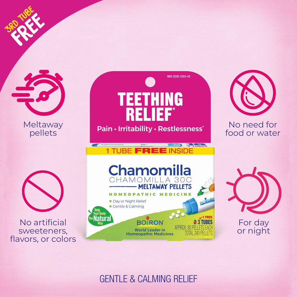 Chamomilla 30C pellets calming irritability during teething moments.