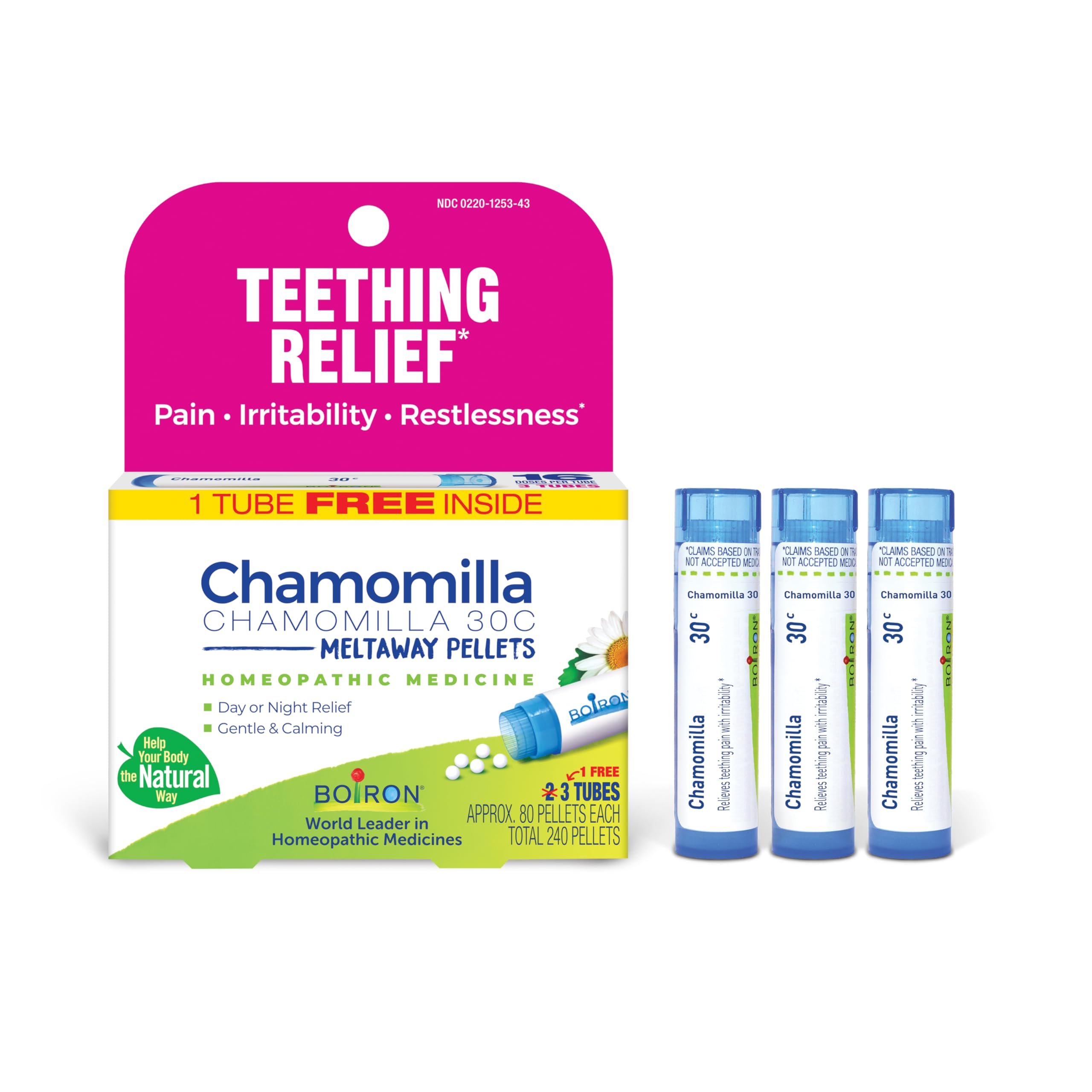 Boiron Chamomilla 30C teething pellets for gentle gum relief.